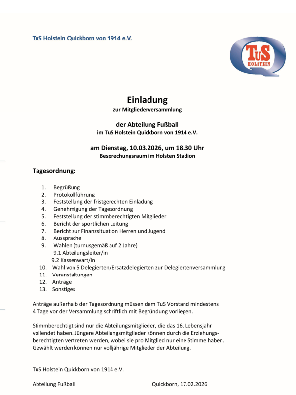 Einladung Mitgleiderversammlung Fussball 2026